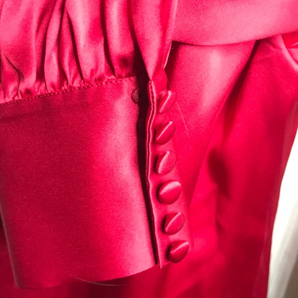 VTG Red Silk Satin Balloon Button Sleeve Blouse L - Picture 7 of 16